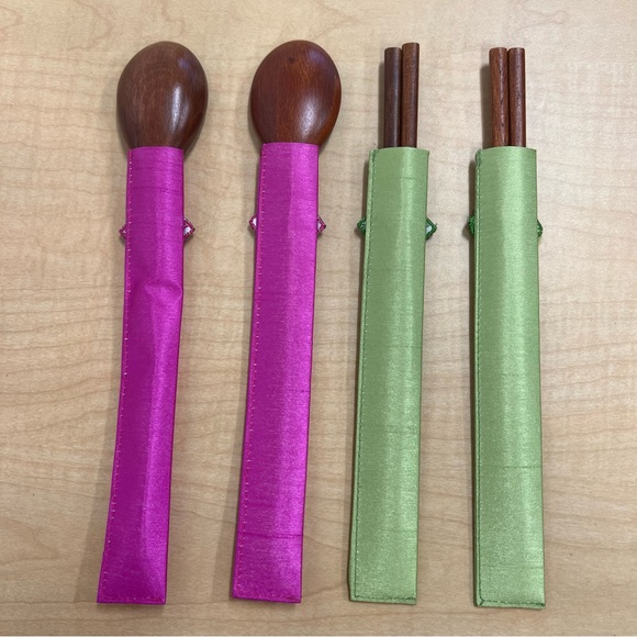 Set of 2 Pairs Wooden Chopsticks & 2 Wooden Spoons with Decorative Holder - Picture 2 of 2